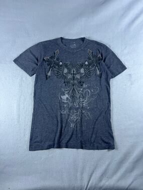 The Raw Uncut T-Shirt Men M Heather Gray All Over Print Wings Cross Fleur De Lis
